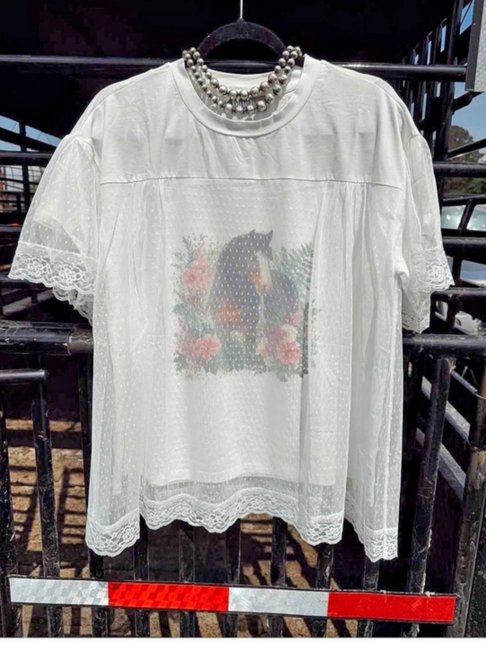 BLUE B White Lace Trim horse Graphic Short Sleeve Top